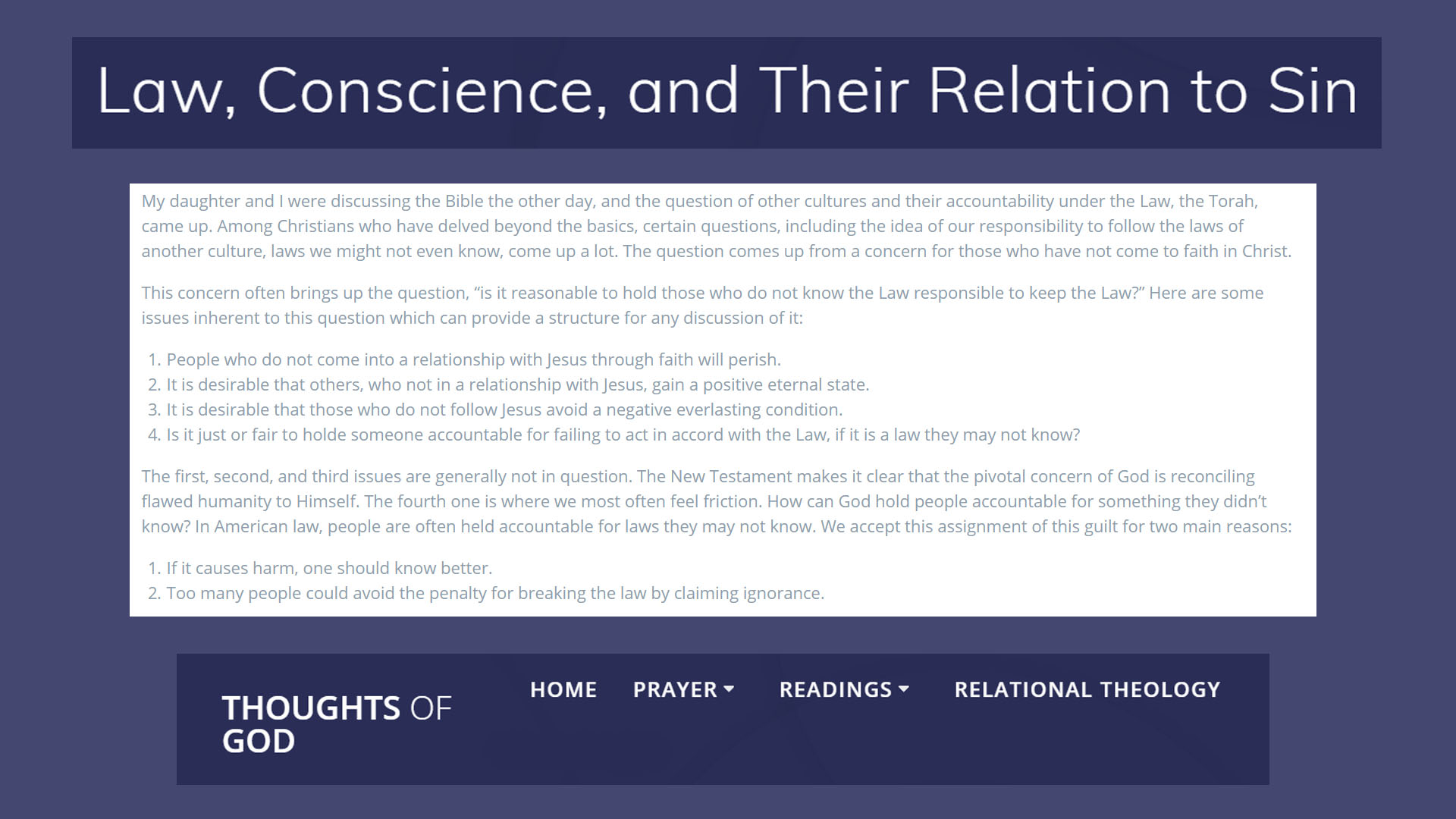 Law, Conscience, and Their Relation to Sin Thoughts of God